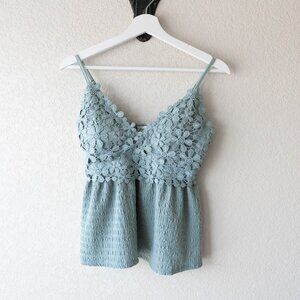 Derek Heart M Sage Green Lace Crochet Cami Tank Smocked Babydoll Top